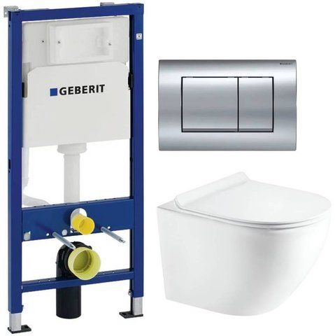 Комплект 3в1: Инсталляция для унитаза GEBERIT DUOFIX BASIC + Подвесной унитаз KOLLER POOL ROUND / сиденье SOFT CLOSE + Клавиша смыва для унитаза GEBERIT DELTA 30 / хром глянцевая (458.103.00.1+RN-0520-RW+115.137.21.1)