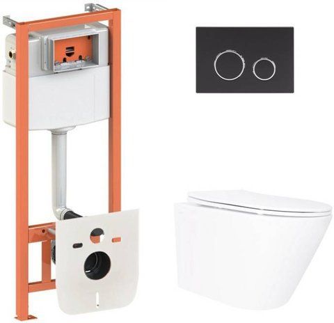 Комплект 4в1: Инсталляция для унитаза QTAP NEST + подвесной унитаз SWAN ULTRA QUIET 520х360х320 + клавиша смыва BLACK MAT (QT16335180W48194)