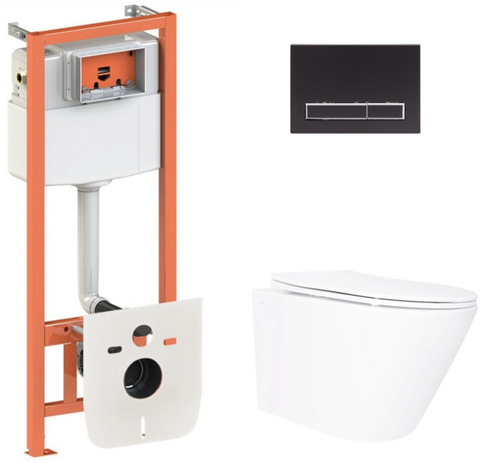 Комплект 4в1: Инсталляция для унитаза QTAP NEST + подвесной унитаз SWAN ULTRA QUIET 520х360х320 + клавиша смыва BLACK MAT (QT16335180W48197)