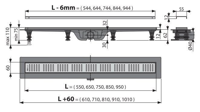 Трап для душу ALCAPLAST SIMPLE линейный 850 мм, нержавеющая сталь APZ10-850M
