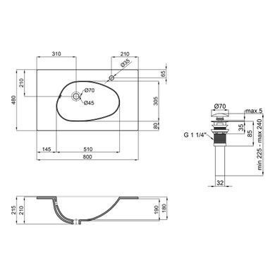 Раковина QTAP VIRGO 50х80 / донный клапан / отверстие под смеситель слева (QT1811FL8128BRW)