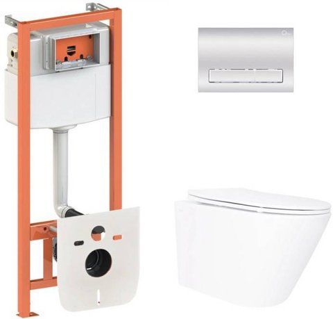 Комплект 4в1: Инсталляция для унитаза QTAP NEST + подвесной унитаз SWAN ULTRA QUIET 520х360х320 + клавиша смыва CHROME (QT16335180W48200)