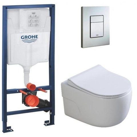 Комплект 4в1: Инсталляция для унитаза GROHE RAPID SL + подвесной унитаз DUSEL VORTEX / сиденье SLIM SOFT CLOSE (DUSEL-503)