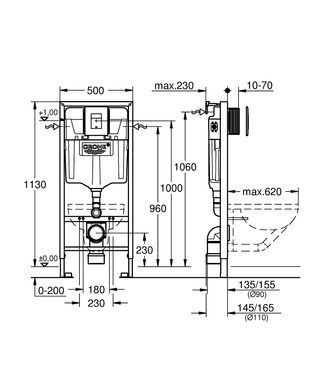 Комплект 5в1: Инсталляция для унитаза GROHE RAPID SL + GROHE FRESH + клавиша смыва GROHE SKATE COSMOPOLITAN (38827000)