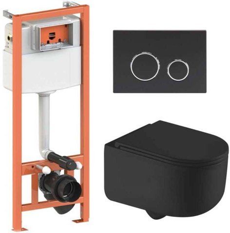 Комплект 4в1: Инсталляция для унитаза QTAP NEST + подвесной унитаз TAURUS ULTRA QUIET 490х360х380 + клавиша смыва BLACK MAT (QT2433084EUQMB46186)