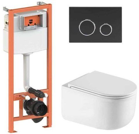 Комплект 4в1: Инсталляция для унитаза QTAP NEST + подвесной унитаз TAURUS ULTRA QUIET 490х360х380 + клавиша смыва BLACK MAT (QT2433084EUQW46154)