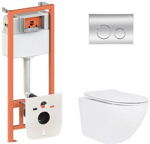 Комплект 4в1: Инсталляция для унитаза QTAP NEST + подвесной унитаз JAY ULTRA QUIET 520х360х320 + клавиша смыва CHROME (QT07335175W48201)