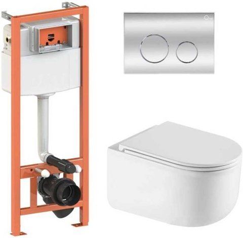 Комплект 4в1: Инсталляция для унитаза QTAP NEST + подвесной унитаз TAURUS ULTRA QUIET 490х360х380 + клавиша смыва CHROME (QT2433084EUQW46152)
