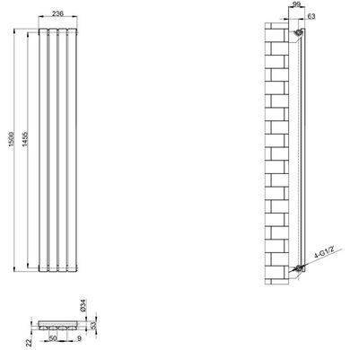 Радиатор ARTTIDESIGN TERNI 1500X236 RAL9005 Подключение боковое разностороннее