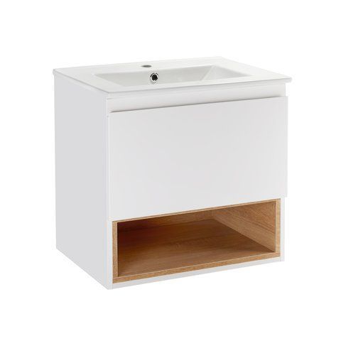Комплект QTAP ROBIN 600х580х437 WHITE/WHITISH OAK напольная тумба + раковина врезная QT1372TPВ6001WWO