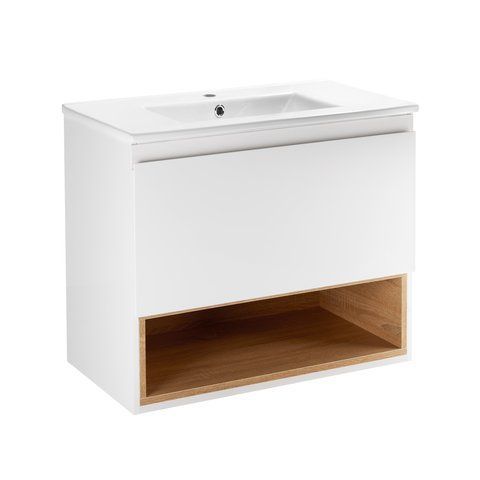 Комплект QTAP ROBIN 700х580х437 WHITE/WHITISH OAK подвесная тумба + раковина врезная QT1372TPВ7001WWO