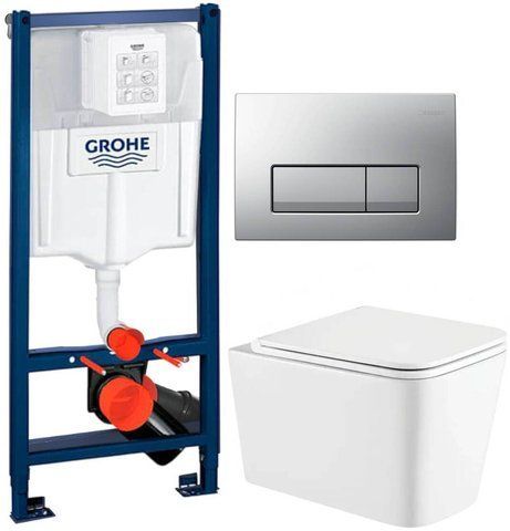 Комплект 3в1: Инсталляция для унитаза GROHE RAPID SL + Подвесной унитаз KOLLER POOL KVADRO / сиденье SOFT CLOSE + Клавиша смыва для унитаза GEBERIT DELTA 50 / хром матовая (3873200A+KR-0530-RW+115.119.46.1)