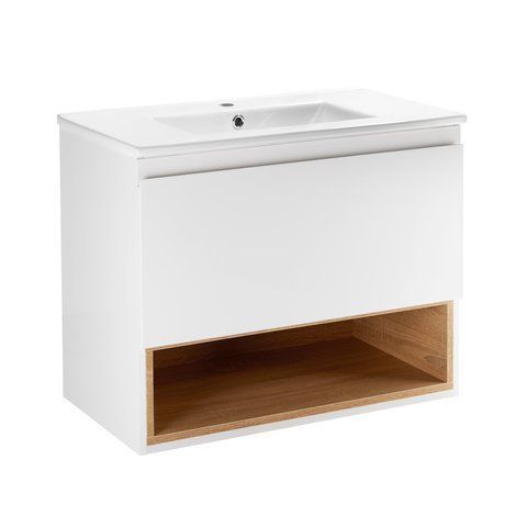 Комплект QTAP ROBIN 800х580х437 WHITE/WHITISH OAK подвесная тумба + раковина врезная QT1372TPВ8001WWO