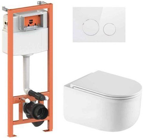 Комплект 4в1: Инсталляция для унитаза QTAP NEST + подвесной унитаз TAURUS ULTRA QUIET 490х360х380 + клавиша смыва WHITE (QT2433084EUQW46146)