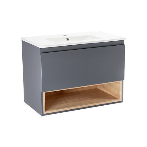 Комплект QTAP ROBIN 800х580х437 GRAPHITE/WHITISH OAK подвесная тумба + раковина врезная QT1372TPВ8002GWO