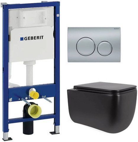 Комплект 3в1: Инсталляция для унитаза GEBERIT DUOFIX BASIC + Подвесной унитаз QTAP GEMINI / черный / сиденье SOFT CLOSE + Клавиша смыва для унитаза GEBERIT DELTA 20 / хром матовая (458.103.00.1+QT2533076EUQMB+115.127.46.1)