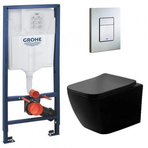 Комплект 4в1: Инсталляция для унитаза GROHE RAPID SL + подвесной унитаз DUSEL CUBIS BLACK MATT / сиденье SLIM SOFT CLOSE (DUSEL-509)