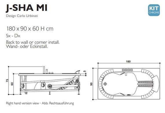 Ванна акрилова окремостояча гідромасажна JACUZZI J-SHA MI 180х90 + масаж шиацу (JSH10012111)