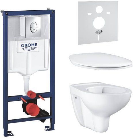 Комплект 4в1: Инсталляция для унитаза GROHE RAPID SL + подвесной унитаз GROHE BAU CERAMIC / сиденье SOFT CLOSE + клавиша смыва GROHE SKATE AIR (39427CB0)
