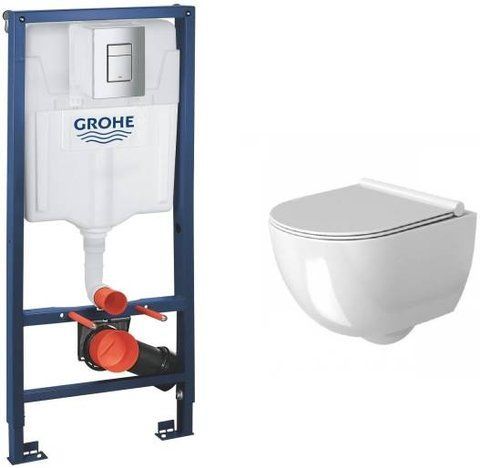 Комплект 4в1: Инсталляция для унитаза GROHE RAPID SL + клавиша смыва / хром + подвесной унитаз REA CARTER RIMLESS 36х49 + сиденье SOFT-CLOSE (REA-C1450 + 38772001)